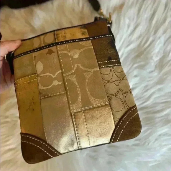 Coach F40970 Gold Metallic Leather Suede Signature Patchwork Crossbody Bag - Picture 10 of 13